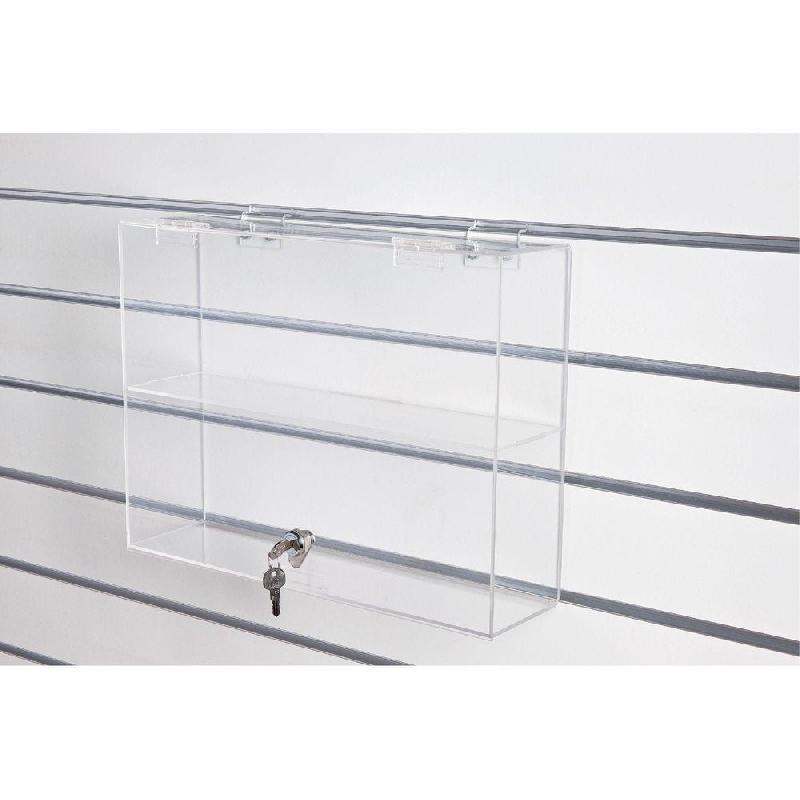 Vitrine en PMMA - fond lamé ou grille - 40x10x30cm - épaisseur 3mm - transparente avec clé_1