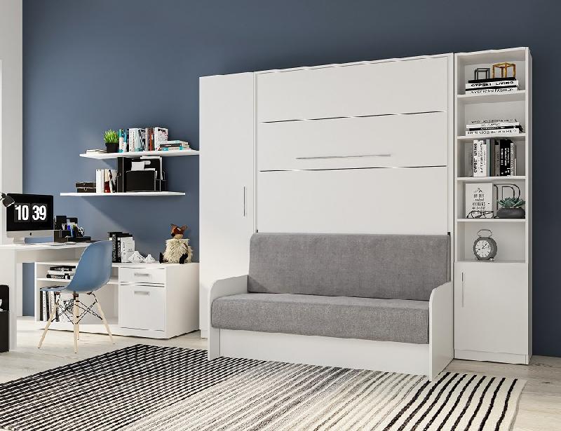 Composition lit escamotable blanc mat Sofa Automatica - canapé microfibre gris avec 2 colonnes et rangement intégré_1