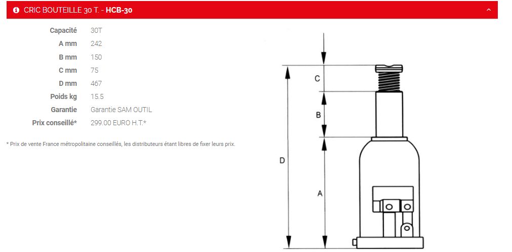 Hbc-30 - Cric bouteille 30T - Sam Outillage avec soupape de sécurité et limiteur hydraulique_1