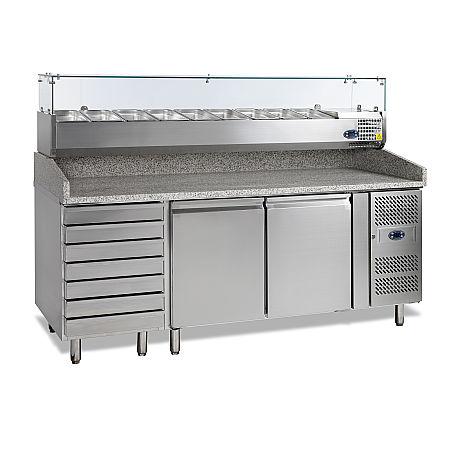 Table de préparation pizza en granit - 2 portes 60/40 et tiroirs | Tefcold - PT1310_1
