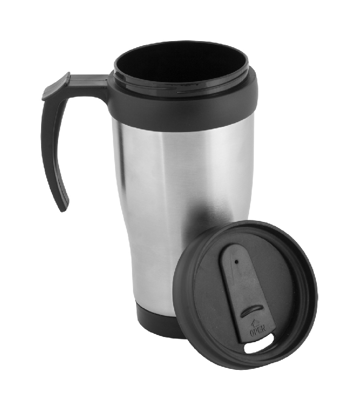 Mug thermos - double paroi en métal - 450 ml - poignée plastique - couleur argentée_1