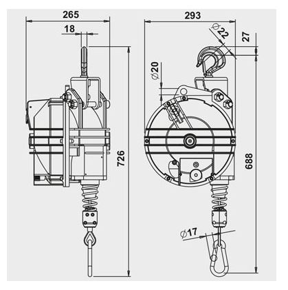 Équilibreur enrouleur 9434g-9444g - Câble inox - Corps aluminium et caoutchouc - Capacité 35 à 100 kg - Course 3000 mm_1