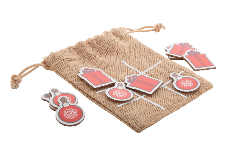 Jeu de morpions de Noël en contreplaqué de bouleau - avec boules de Noël, 10 jetons et pochette en jute_1
