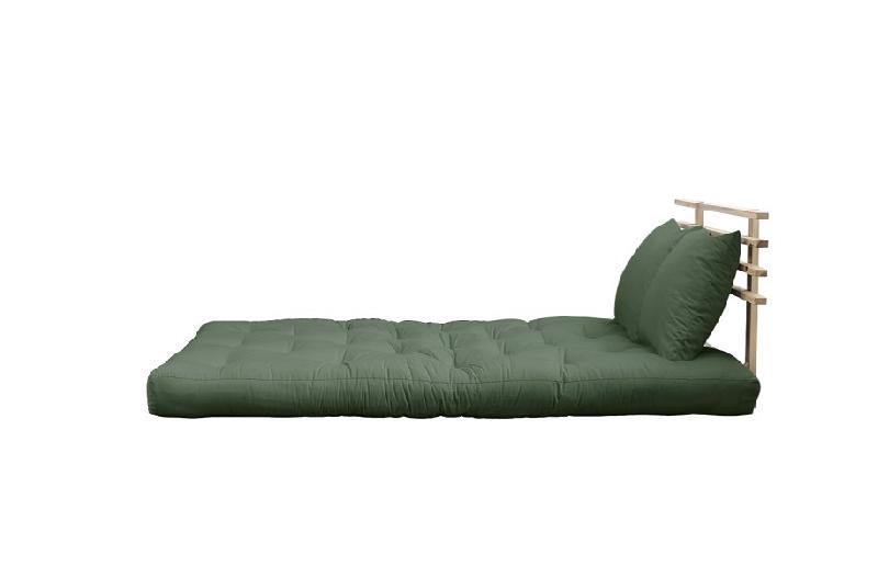 Canapé lit futon Shin Sano vert olive en pin massif - Couchage 140x200 cm avec matelas épais et 2 coussins inclus_1