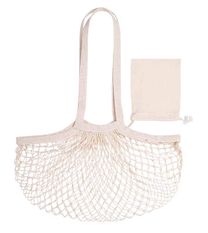 Sac shopping pliable en maille 100% coton - avec anses longues et pochette pliante à cordes - couleur beige_1