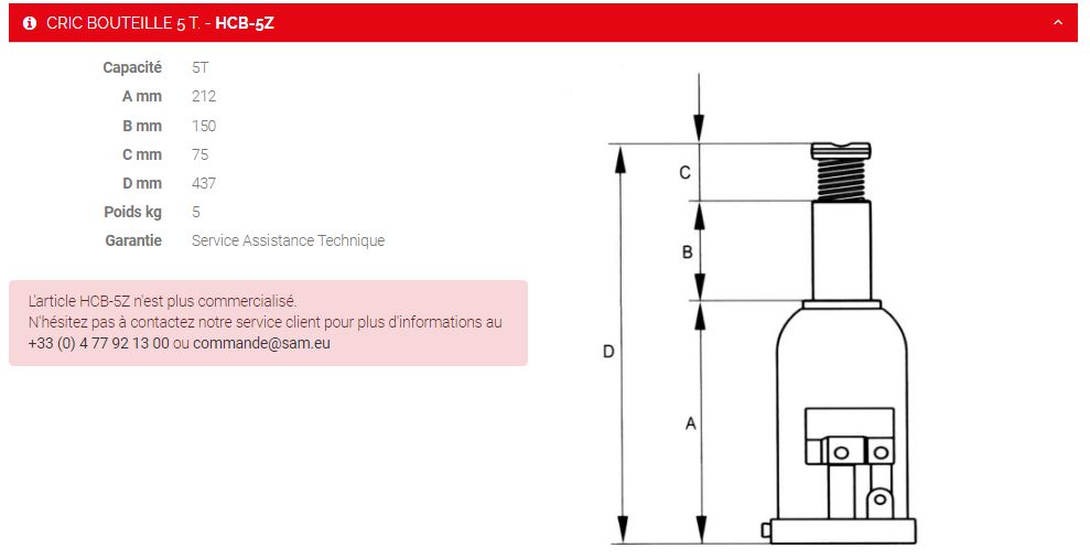 Hcb-5z - Cric bouteille - Sam Outillage - Capacité 5T - Base compacte et robuste_1