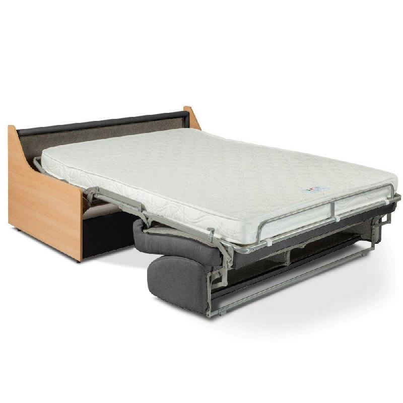 Canapé lit compact 3 places Normann - 140 cm - Matelas 16 cm - Ouverture express - Accoudoirs bois - Tweed gris graphite_1
