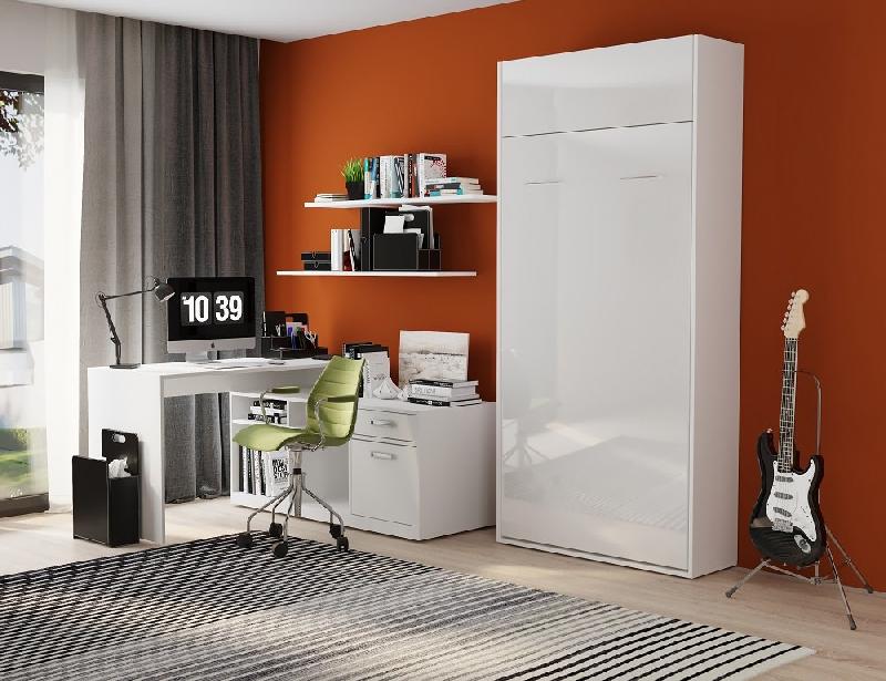 Armoire lit escamotable ultra plate Dynamo - Blanc mat et brillant - Sommier à lattes 90x200 cm_1