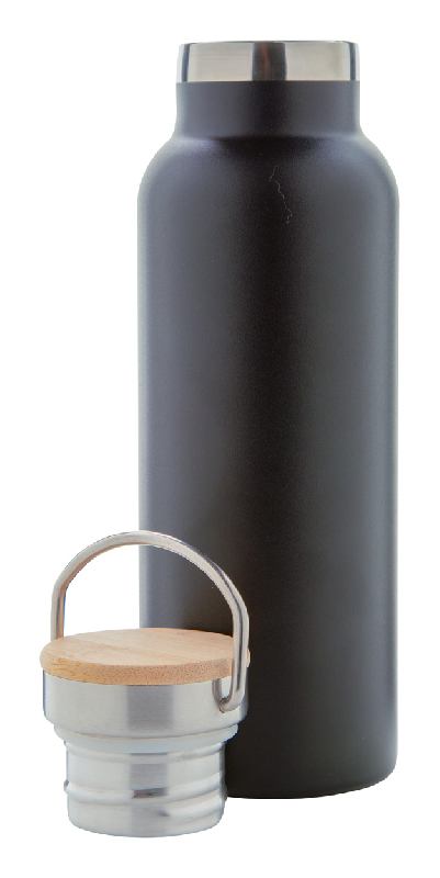 Thermos en inox à double paroi - Couvercle bambou et accroche métal - 500 ml - Couleur noire_1