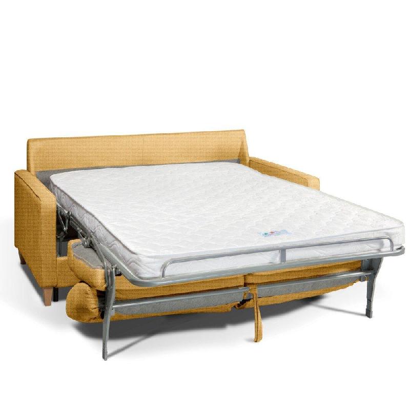 Canapé convertible scandinave 140cm - matelas 16cm - système express - sommier à lattes Renatonisi - tissu tweed jaune_1
