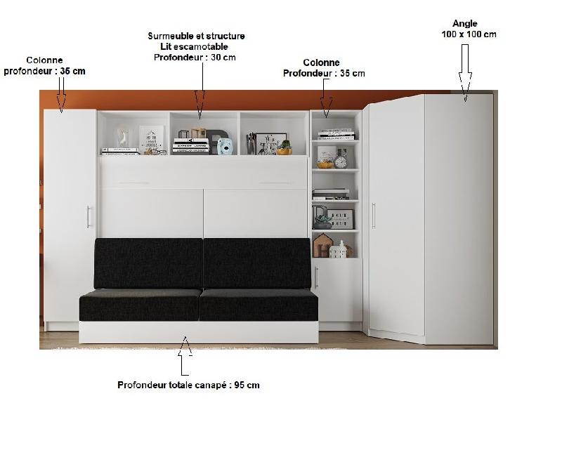 Composition lit escamotable angle Vertigo Sofa blanc avec canapé anthracite 160x200 - 411 x 100 cm - Avec colonnes de rangement_1