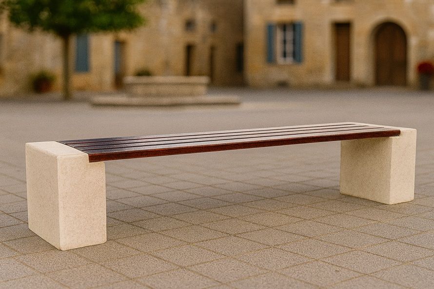 Banc public en béton sans dossier Firenze - fibres projetées - lattes en bois Iroko_0