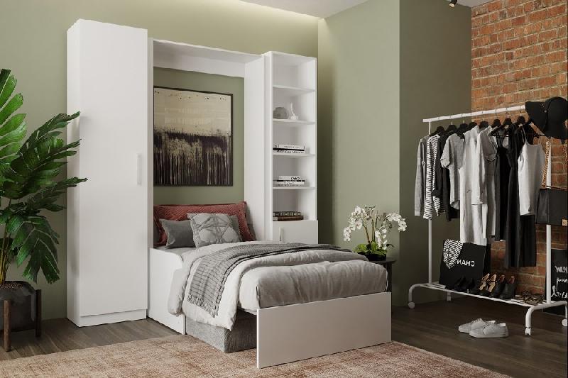 Lit escamotable Dynamo Sofa - Accoudoirs blancs - Tissu gris - Couchage 90x200 cm - L : 205 cm_1