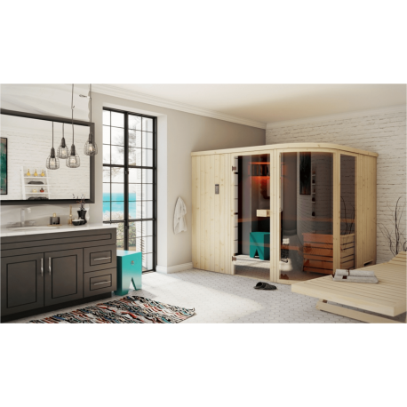 Cabine de sauna arrondie 244x194x199 - Poêle HARVIA VEGA 9KW à commande déportée - Bois d'épicéa scandinave_1