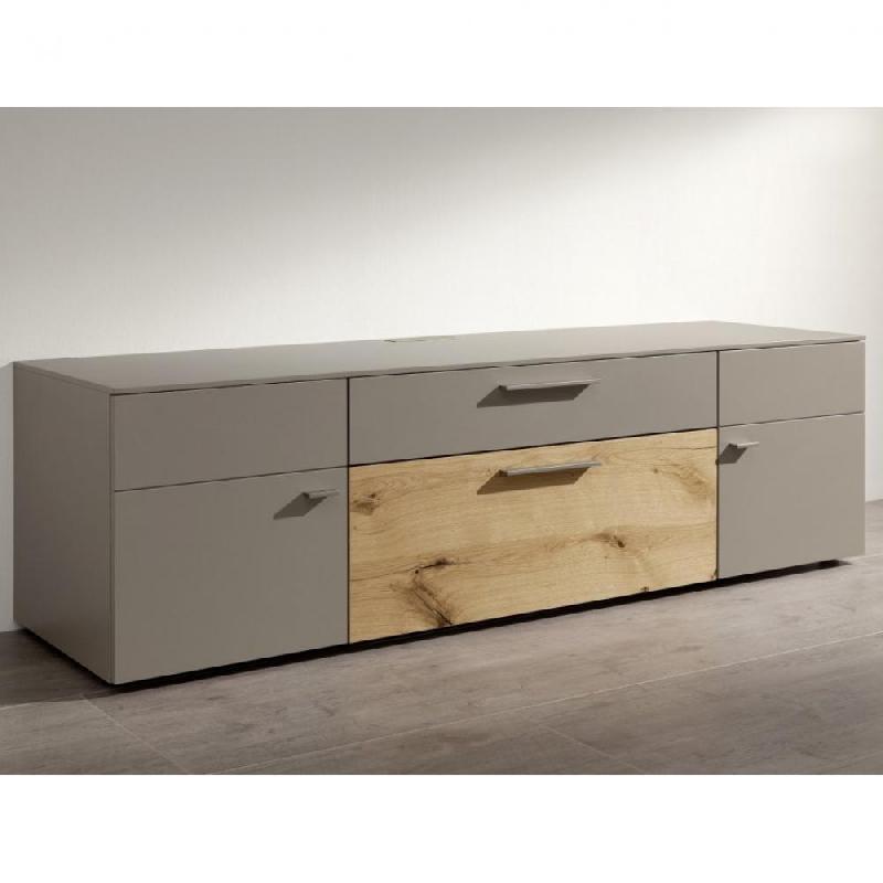 Buffet bas TV Anzio - Taupe laqué mat et bois chêne miel - 2 portes, 2 tiroirs, design contemporain_1