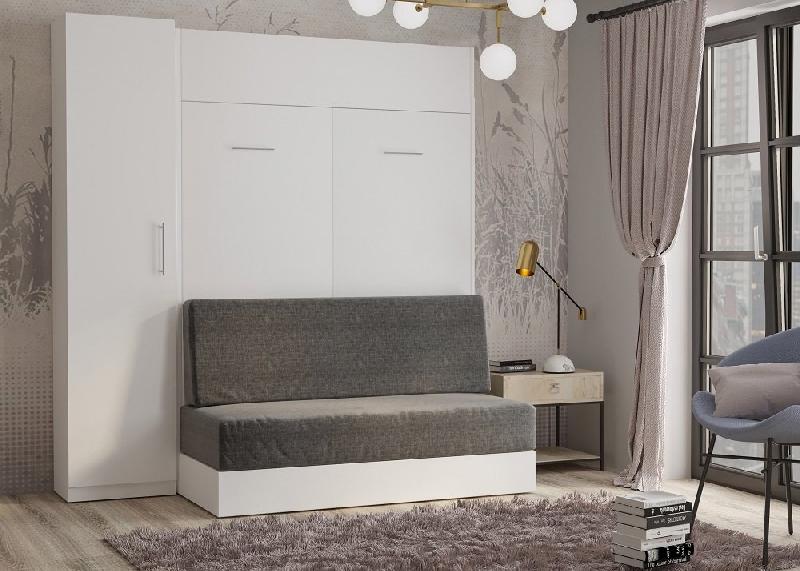 Composition lit escamotable blanc mat Dynamo Sofa - Canapé gris avec colonne rangement et couchage 140 x 200 cm_1