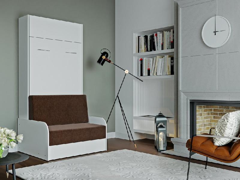 Armoire lit escamotable Dynamo Sofa - Canapé accoudoirs blanc, tissu marron - Couchage 90x200 cm_1