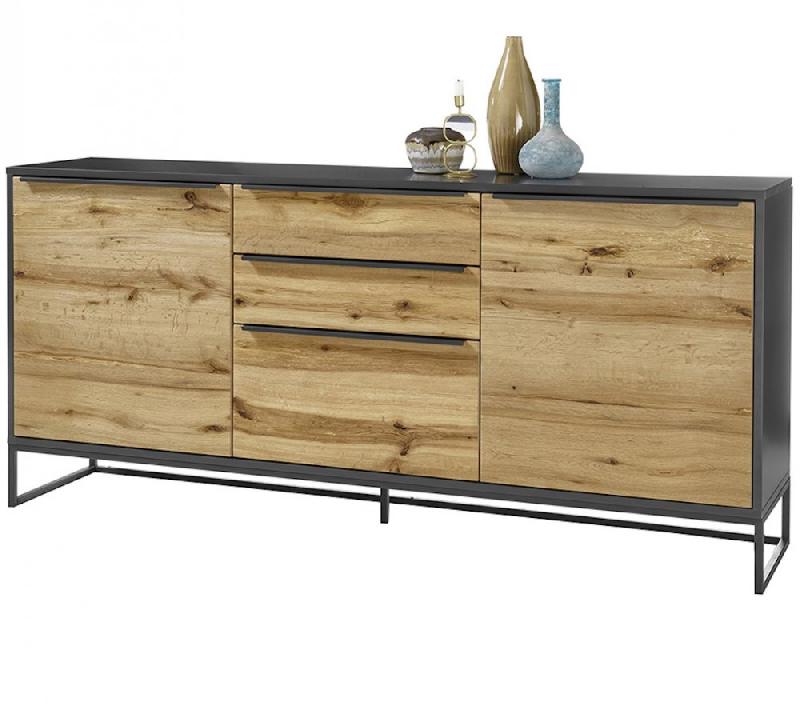 Buffet Abou - 2 portes, 3 tiroirs, plaqué chêne, structure laqué gris anthracite, piètement métal noir_1