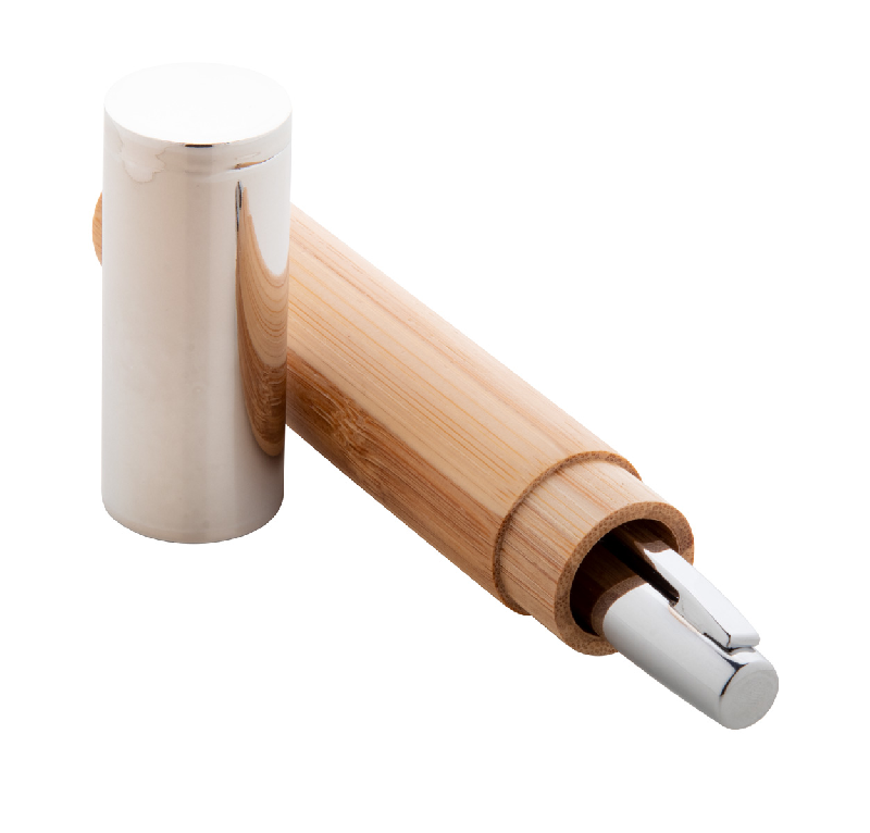Stylo à bille en métal et bambou - Étui tube en bambou avec capuchon chromé - Encre bleue_1