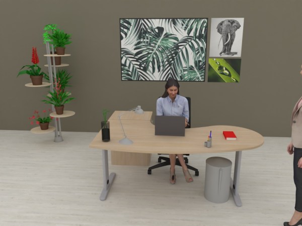 Bureau d'angle mélaminé haute résistance 25 mm - Scenario avec piètement métal et gestion des câbles_1