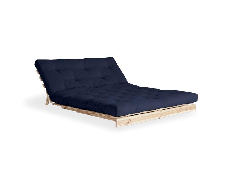 Canapé convertible futon ROOTS - pin naturel - tissu bleu marine - couchage 160x200 cm - design japonais_1