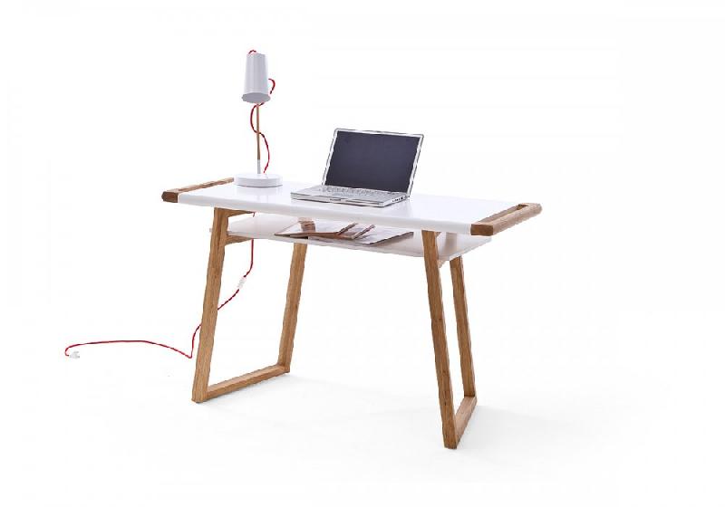 Bureau Tossiat - MDF laqué blanc mat - Piétement chêne huilé - Plateau de rangement 122x53 cm_1