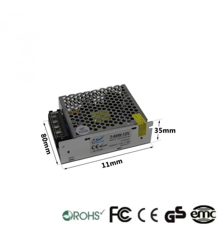 Alimentation 12V continu - 60W - 5A TECMO - Structure aluminium - Référence 12V60W_1