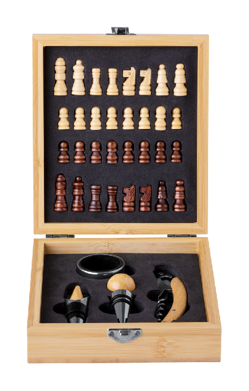 Set à vin en acier inoxydable - Jeu d'échecs en bambou avec 32 pièces et accessoires_1