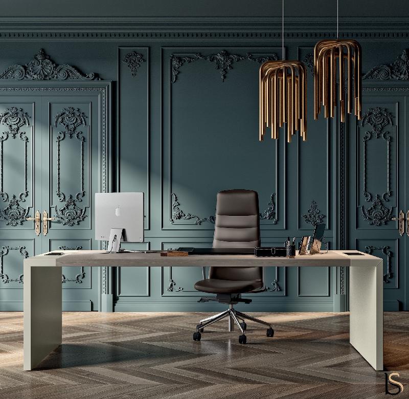 Bureau de Direction E10 avec pieds laqués - Officity - 204, Noyer américain, Piètement blanc_1