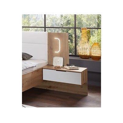 Lit avec chevets design VICK 160 x 200 cm en chêne artisan - Tête en cuir synthétique blanc et éclairage LED intégré_1