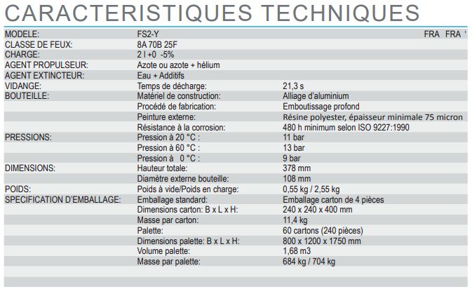 FS2-Y - Extincteur pressurisé à eau additivée - Anaf - Aluminium, manomètre, 2L, essais diélectriques 35 kV, feux classe F_1