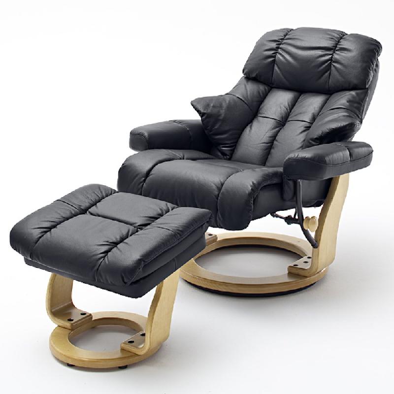 Fauteuil relax CLAIRAC XL en cuir noir avec pied en bois naturel et repose-pied - inclinable à 135°, rotation 360°_1
