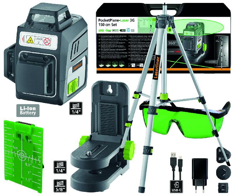 Laser croix Pocket Plane 3G - 3 cercles laser verts 360° - Kit avec trépied 150 cm - Marque Romus_1