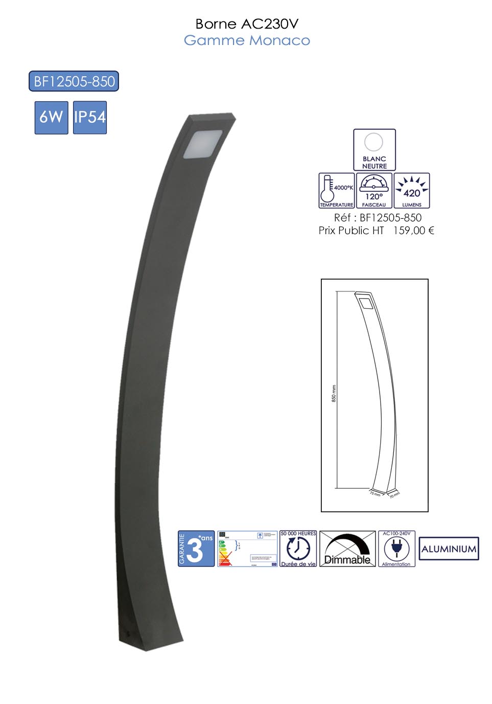 Borne lumineuse d'éclairage public - AC230V / LED / 6W - Aluminium - Hauteur 0,85m - Gamme Monaco_1