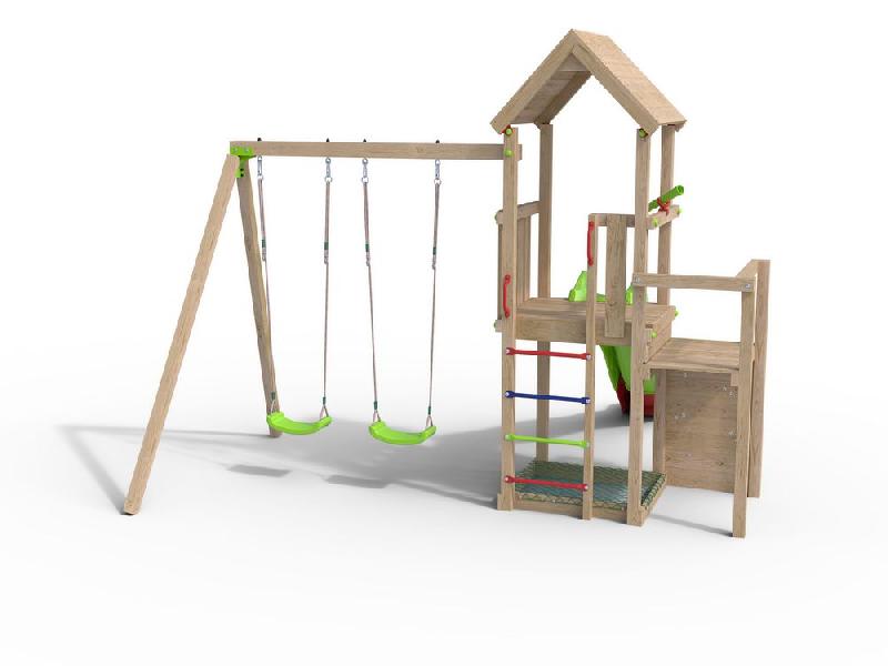 Aire de jeux Xplorer - 2 balançoires, mur d'escalade, toboggan, bac à sable - Fabrication française et compatible Secur'in_1