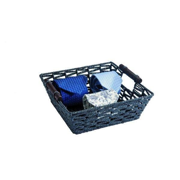 Panier carré noir à anses bois - L26xP26xH9cm - Papier tressé_1