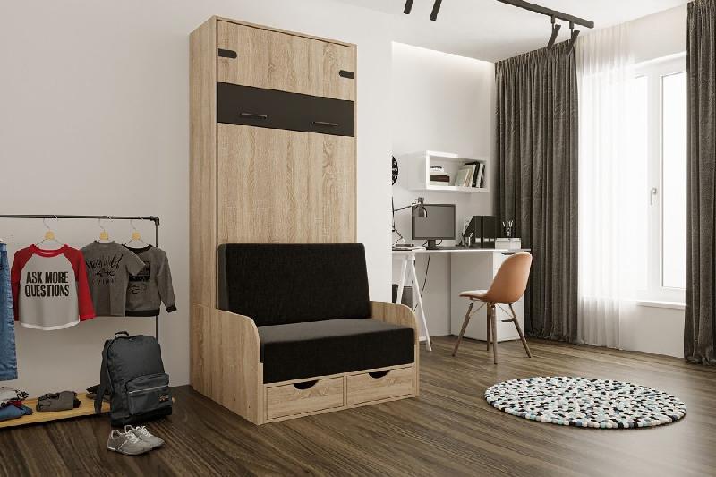 Lit escamotable style industriel KEY SOFA - Avec accoudoirs chêne, canapé avec tiroirs anthracite, couchage 90x200 cm_1