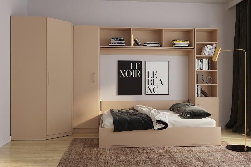 Composition angle lit escamotable Vertigo taupe mat 411 x 100 cm - couchage 160 x 200 cm avec multiples rangements_1