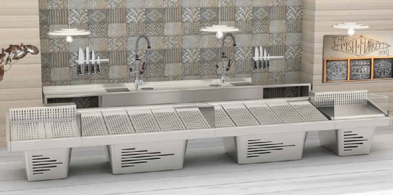 Étal inox pour poissonnerie - réfrigéré ou non - plan de travail en acier inoxydable - vitres sécurisées_1