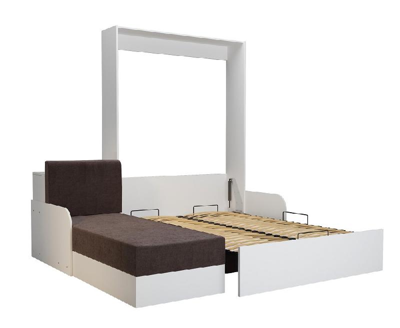 Lit escamotable Dynamo Sofa - canapé angle méridienne réversible avec accoudoirs - blanc et tissu marron - 140x200 cm_1