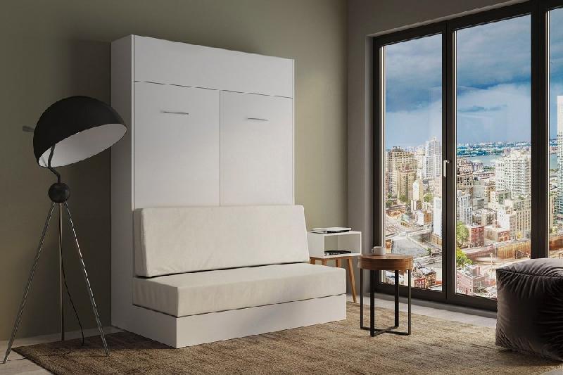 Armoire lit escamotable Dynamo Sofa - Blanc mat - Canapé polyuréthane blanc cassé 140x200 cm - Ouverture assistée_1