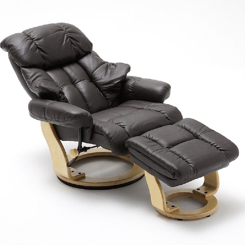 Fauteuil relax CLAIRAC - assise en cuir marron, pied en bois naturel avec repose-pied, inclinable et pivotant 360°_1