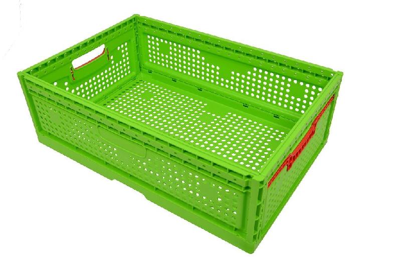 Lot de 5 caisses de récolte pliables en polypropylène - 20cm, 15 kg, 39L, 1658g - fond et parois ajourées - vertes avec poignées rouges_1