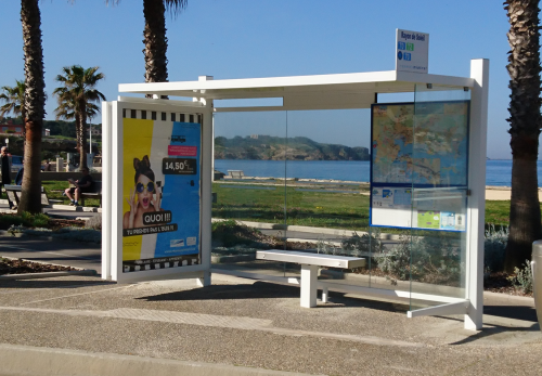 Abri bus cirrus / structure en acier  / bardage en verre trempé et securit / avec banquette / 365 x 145 cm_1