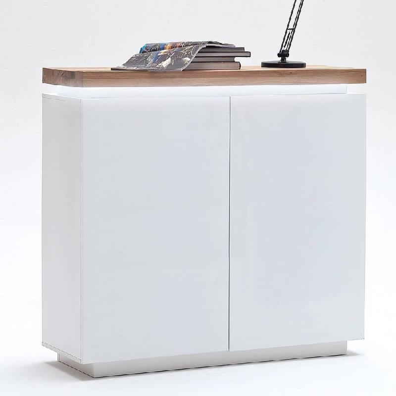 Buffet haut Romina - 2 portes laqué blanc mat - plateau chêne noueux huilé - LED intégré_1