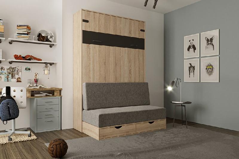 Lit escamotable style industriel KEY SOFA - chêne, bandeau noir, canapé gris 140x200 cm - avec rangements et vérins à pistons_1