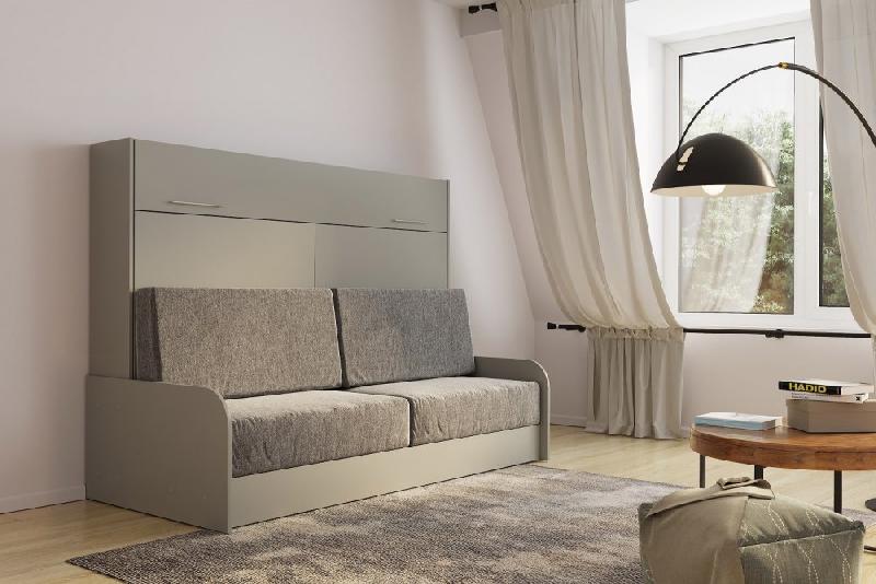 Armoire-lit escamotable VERTIGO SOFA - canapé tissu gris avec accoudoirs mélaminés - couchage 160x200 cm_1