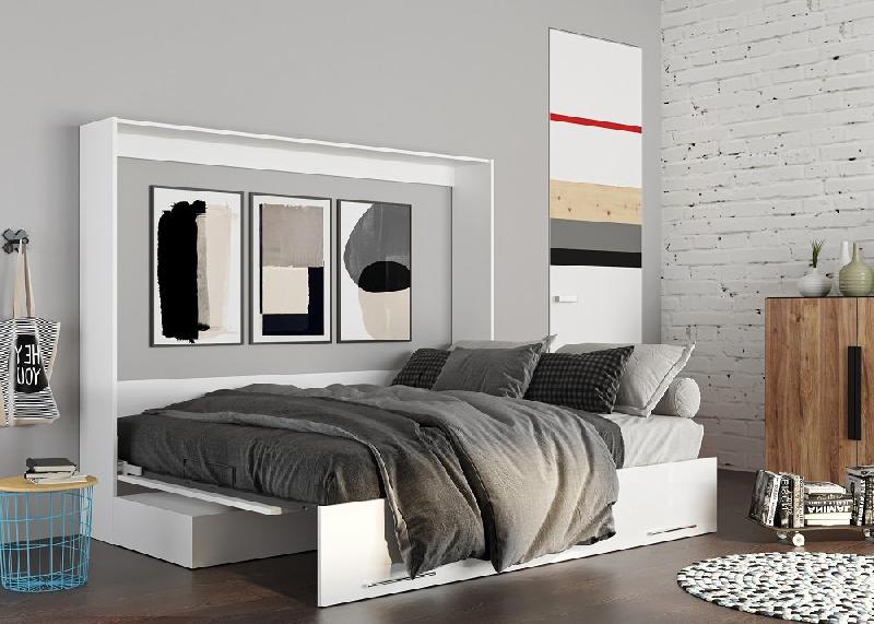 Armoire-lit escamotable VERTIGO SOFA - Façade blanc brillant - Canapé rouge - Couchage 160x200 cm_1