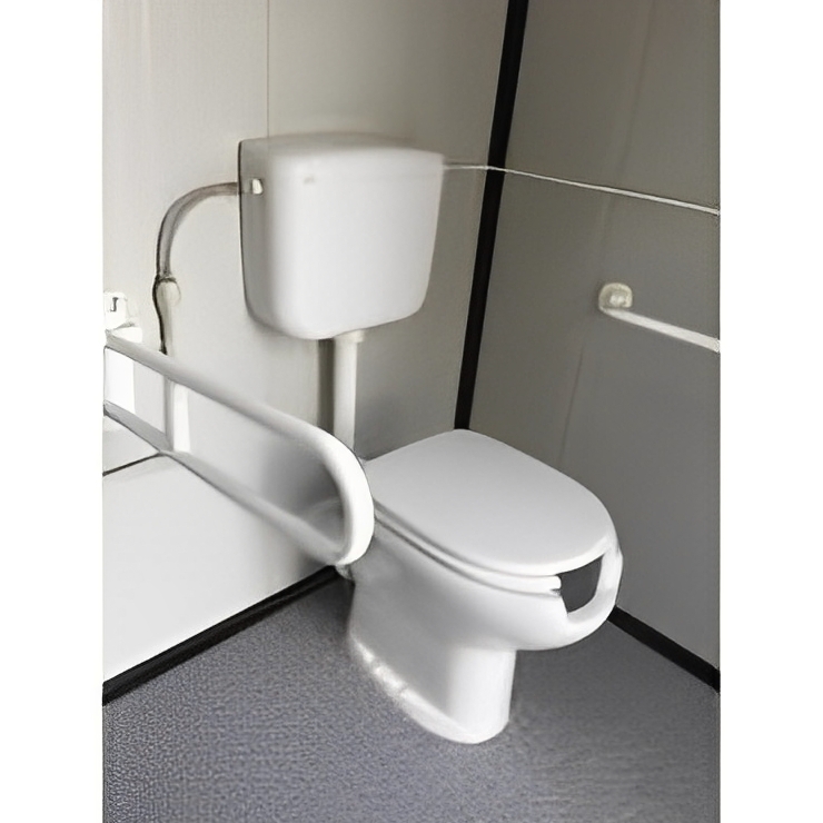 Cabine sanitaire avec lavabo PMR en céramique et miroir orientable