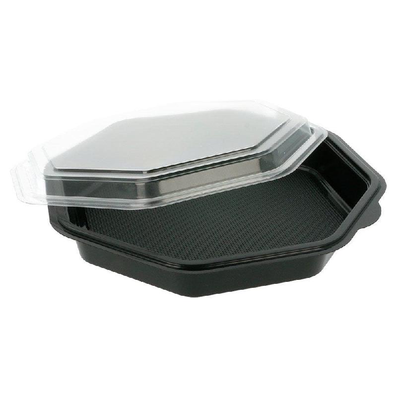 Barquette octogonale fond noir avec couv transparent 1064ml 23x23x5cm par 200_1
